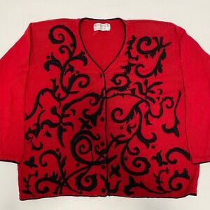 Vintage Women's Embroidered Red Knit Sweater Cardigan Christmas Holiday Festive